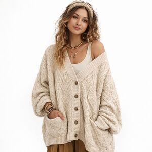 Free People Knit Oversized Baggy V Neck Cardigan Sweater #68